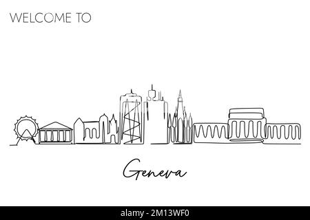 Un disegno a linea continua dello skyline della Svizzera di Ginevra. Destinazione turistica famosa in tutto il mondo. Design semplice e disegnato a mano per viaggi e turismo Illustrazione Vettoriale