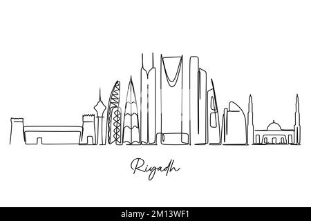 Un disegno a linea continua dello skyline della città di Riyadh. Destinazione turistica famosa in tutto il mondo. Semplice disegno di stile disegnato a mano per viaggi e turismo promozione Illustrazione Vettoriale