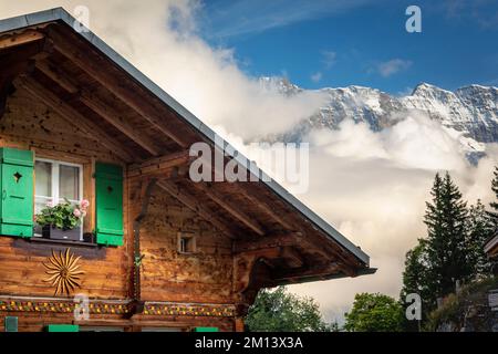 Fiori in chalet rustico in primavera con le montagne, Interlaken, Svizzera Foto Stock