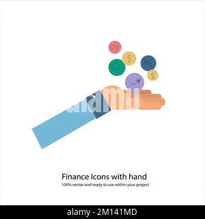 Mano con icone economiche disegno vettoriale completo, simboli colorati economia, investimento, fondo, risparmio, e illustrazione dei pagamenti Illustrazione Vettoriale
