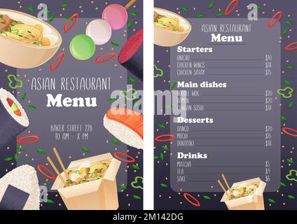 Modello di menu giapponese asiatico. Sushi, ramen, wok, dango, onigiri cibo illustrazione. Design moderno e scuro Illustrazione Vettoriale