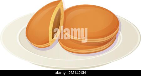 Dorayaki giapponese su un piatto. Illustrazione asiatica del cibo isolato su sfondo bianco in stile cartone animato Illustrazione Vettoriale