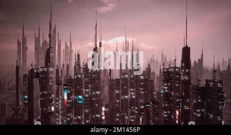 Concetto futuristico di città cyberpunk e metaverse, rendering 3D Foto Stock