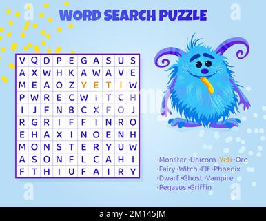 Puzzle di ricerca per parole per bambini con animali mitici. Illustrazione Vettoriale