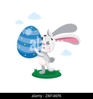 Vettore piatto carattere digitale coniglietto di pasqua, coniglio trasportare pesante dipinto uovo. Uovo caccia personaggio illustrazione Illustrazione Vettoriale