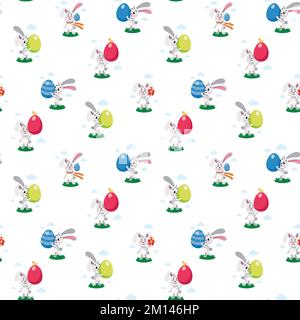 Coniglietti pasquali modello senza cuciture. Buona pasqua, uovo caccia bambino piatto di illustrazione vettore. Pannie pasquali, lepri, conigli con uova dipinte. Fla colorata Illustrazione Vettoriale