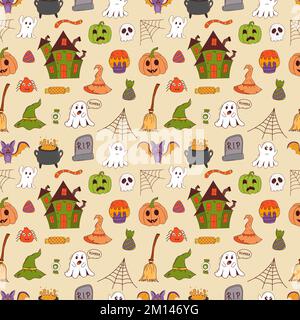 Divertente modello di Halloween senza cuciture: Zucca, fantasma, cappello di strega, pipistrello, dolci, ragno, scopa. Concetto di trick o treat. Illustrazione vettoriale disegnata a mano Illustrazione Vettoriale