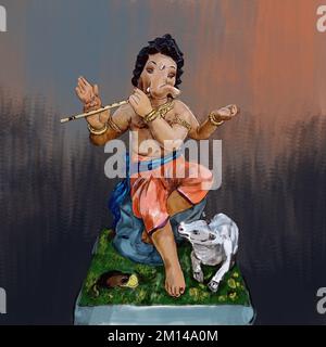 Illustrazione Lord Ganpati sullo sfondo di Ganesh Chaturthi. Signore Ganesh. Puja. Ganesh Chaturthi. Viene utilizzato per cartoline, stampe, tessuti, tatuaggi Foto Stock