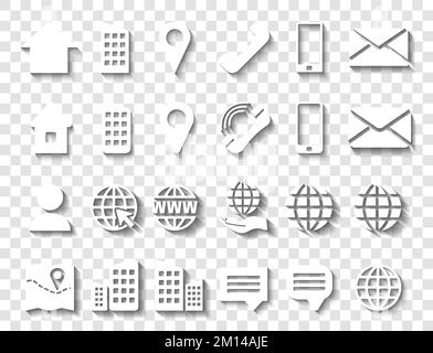 Icona informazioni contatto bianca impostata con Ombre per le icone di posizione PIN, Telefono, Web e cellulare, persona e e e-mail. Illustrazione Vettoriale