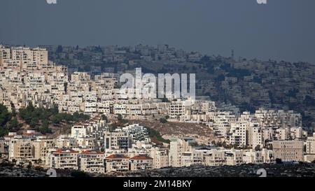 Vista di Har Homa ufficialmente Homat Shmuel, un insediamento israeliano nel sud-est di Gerusalemme, vicino alla città palestinese di Beit Sahour o Bayt Sahur. L'insediamento è anche chiamato 'Jabal Abu Ghneim' (anche 'Jabal Abu Ghunaym'), che è il nome arabo della collina. Uno degli scopi della decisione di approvazione della sua istituzione era quello di ostacolare la crescita della vicina città palestinese di Betlemme. Foto Stock