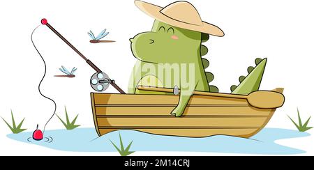 il drago verde cattura i pesci sul lago con una canna da pesca Illustrazione Vettoriale