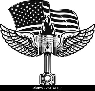 Illustrazione del pistone alettato sullo sfondo della bandiera americana. Elemento di design per poster, scheda, banner, cartello, emblema. Illustrazione vettoriale Illustrazione Vettoriale