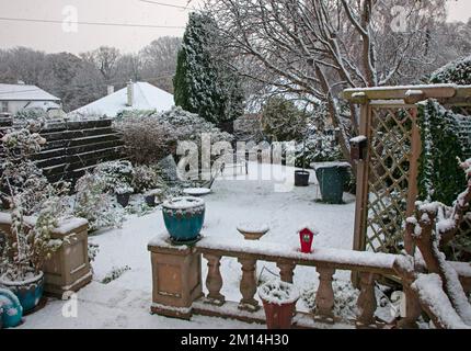 Duddingston, Edimburgo, Scozia, Regno Unito. Forte nevicata poco prima del 9am a Edimburgo con più previsioni insieme a condizioni ghiacciate.Pictured: Un giardino domestico coperto di neve nella zona di Duddingston. Temperatura 0 gradi centigradi. Credit: Archwhite/alamy live news. Foto Stock