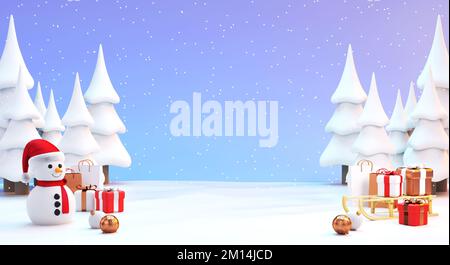 Allegro biglietto di auguri di Natale modello di sfondo con scena innevata, regali, ornamenti e copia spazio in 3D cartone animato illustrazione Foto Stock