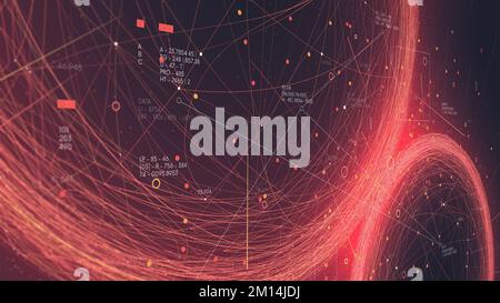 Futuristici polygon connessi a punti e linee, tecnologia di elaborazione del flusso di informazioni, due sfere di nubi digitali, monitor schermo in perspect Foto Stock