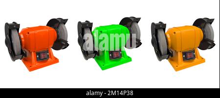 Tre rettificatrici elettriche isolate su sfondo bianco. Smerigliatrice da banco isolata. Foto Stock