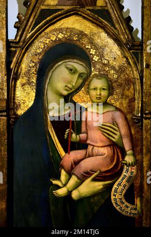 Madonna col Bambino, un santo vescovo, San Giovanni Battista, San Gregorio e San Francesco. Dalla cappella del Munisterino alle Tolfe nei pressi di Siena. Circa 1370-80. Di Luca di Tommè Arte cristiana, Italia. Polittico Foto Stock