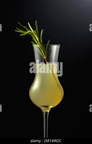 Limoncello in bicchiere, liquore al limone italiano dolce, bevanda alcolica tradizionale e forte guarnita con rosmarino. Foto Stock
