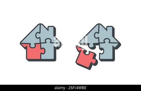 Concetto di icona vettoriale di casa forma quattro pezzi puzzle connessi. Illustrazione con contorni neri. Illustrazione Vettoriale