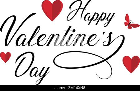 Buon giorno di San Valentino con lettere vettoriali con cuore rosso e farfalla. Parte posteriore bianca. Illustrazione Vettoriale