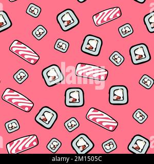 Motivo di sushi vettoriale senza cuciture su rosa. Illustrazione Vettoriale