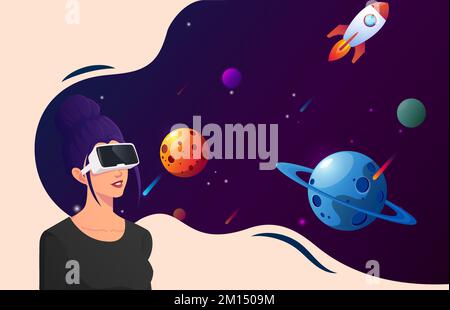Donna che indossa occhiali per realtà virtuale con un'illustrazione vettoriale Cosmic Space View Illustrazione Vettoriale