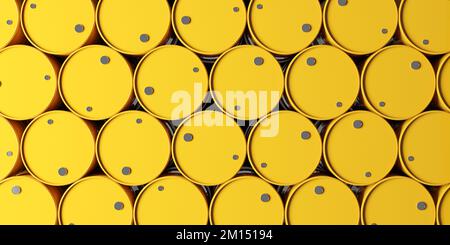 Grande pila industriale di barili di petrolio, rendering 3D. Petrolio greggio, scambio di combustibili fossili e grandi concetti di economia Foto Stock