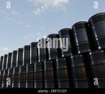 Grande pila industriale di barili di petrolio contro cielo blu, rendering 3D. Petrolio greggio, scambio di combustibili fossili e grandi concetti di economia Foto Stock