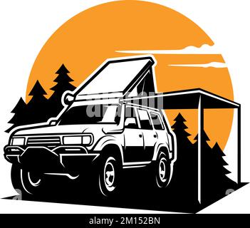 Il vettore di un'auto con tenda in campagna - concetto di viaggio e campeggio Illustrazione Vettoriale