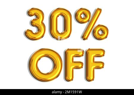 30% di sconto promozione vendita fatta di realistici palloncini d'elio 3d oro. Illustrazione del simbolo della percentuale d'oro per la vendita di poster, banner, annunci, negozio Foto Stock