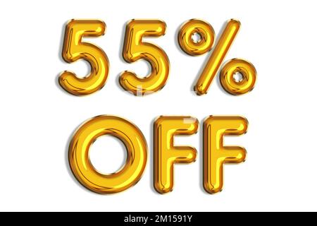 55% di sconto promozione vendita fatta di realistici palloncini d'elio 3d oro. Illustrazione del simbolo della percentuale d'oro per la vendita di poster, banner, annunci, negozio Foto Stock