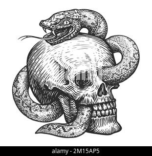 Schizzo del cranio umano e serpente. Illustrazione disegnata a mano in stile di incisione vintage. Tatuaggio isolato su sfondo bianco Foto Stock
