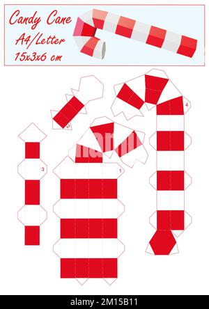 Canne caramella in carta DIY 3D. Stampa taglio e colla. Giocattolo di Natale. Stampare il modello su un foglio A4 o Letter e ottenere un'altezza di 15 cm Foto Stock