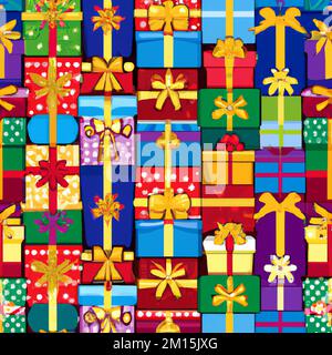 Pacchetti regalo per le feste, avvolti con nastri e archi. Sfondo con scatole regalo colorate decorate. Foto Stock