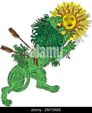 Simbolo alchemico leone verde che divora il sole. Mercurio che consuma oro. Trasformazione spirituale. Incisione medievale disegnata a mano vettore stile tatuaggio il Illustrazione Vettoriale