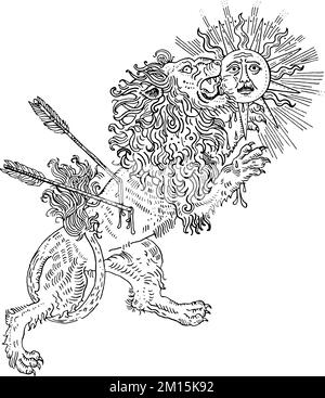 Simbolo alchemico leone che divora il sole. Mercurio che consuma oro. Trasformazione spirituale. Incisione a mano in stile medievale tatuaggio inchiostro. Illustrazione Vettoriale