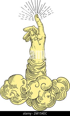 Mano di Dio, simbolo che indica l'intervento del potere divino. Illustrazione vettoriale in stile tatuaggio con incisione medievale disegnata a mano. Esoterico. Illustrazione Vettoriale