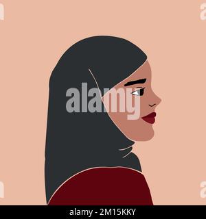 Ragazza in hijab su sfondo beige. Donna musulmana. Stile falso. Disegno a mano Femminilità Illustrazione Vettoriale