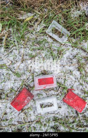 Usato, & ora spesi, pastelli di raddle di pecora colorati usati per indicare quali pecore sono state con il tup. La custodia in plastica si adatta all'imbracatura del cilindro. Foto Stock
