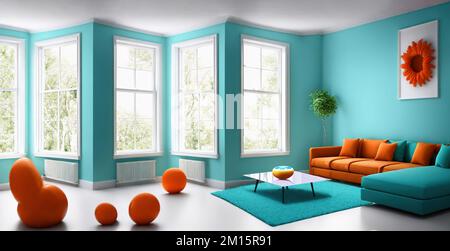 3d rendering di cuscini colorati posti sul pavimento confortevole turchese e arancione divano in ampio soggiorno illuminato dal sole di casa contemporanea Foto Stock