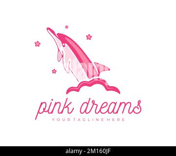 Dolphin salta dalla nuvola, cielo e stelle, logo design. Sogni, fantasia, vita marina, animali e pesci, disegno vettoriale e illustrazione Illustrazione Vettoriale