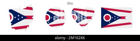 Icona della bandiera Ohio impostata. Stato americano pennant in colori e proporzioni ufficiali. Rettangolare, a forma di mappa, circolare e a forma di cuore. Immagine piatta iso Foto Stock