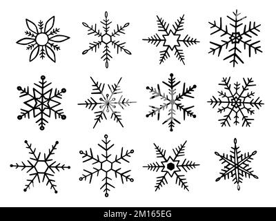 Fiocchi di neve in stile doodle per il design invernale. Collezione fiocchi di neve disegnati a mano isolati su fondo bianco. Icona fiocco di neve dipinta. Vettore Illustrazione Vettoriale