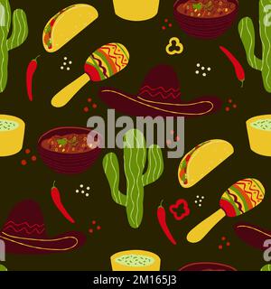 Motivo senza cuciture con simboli messicani tradizionali illustrazione Chili con Carne, tacos, cactus, sombrero cappello pepe Illustrazione Vettoriale