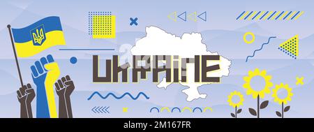 Ukraine Unity, Statehood e National Day banner per Independence Day in astratto design. Girasole, pugni rialzati e sfondo geometrico con Bandiera. Illustrazione Vettoriale