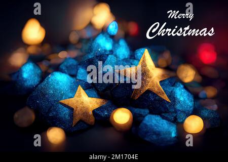 stelle dorate sulle pietre blu e le parole buon Natale Foto Stock