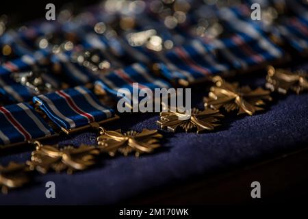 Le medaglie di Distinguished Flying Cross sono esposte durante una cerimonia di Distinguished Flying Cross alla base dell'aeronautica militare di Travis, California, 9 dicembre 2022. STATI UNITI Corey Martin, comandante dell'aeronautica militare del 18th, ha riconosciuto 24 Airmen per le loro azioni eroiche durante l'operazione Allies Refuge. La Distinguished Flying Cross viene assegnata a qualsiasi ufficiale o arruolato delle forze armate statunitensi per eroismo o straordinario successo durante la partecipazione al volo aereo. (STATI UNITI Foto dell'Aeronautica militare di Nicholas Pilch) Foto Stock