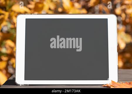 Tablet con uno schermo vuoto sul tavolo sullo sfondo di un parco autunnale. Modello per design o pubblicità. Foto Stock