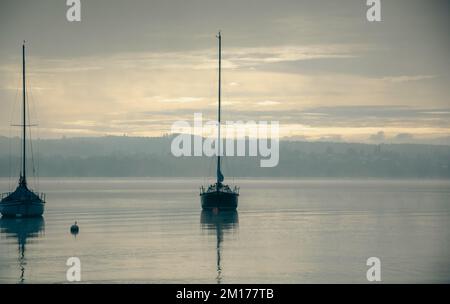 Seabot sul lago Ammersee in autunno mattina nebbia Foto Stock