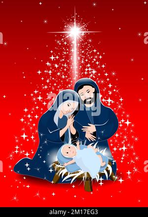 Scena della Natività di Gesù Cristo. Accanto a Gesù ci sono Maria e Giuseppe. Brillante stella di Natale. Notte di Natale. Sfondo rosso. Foto Stock